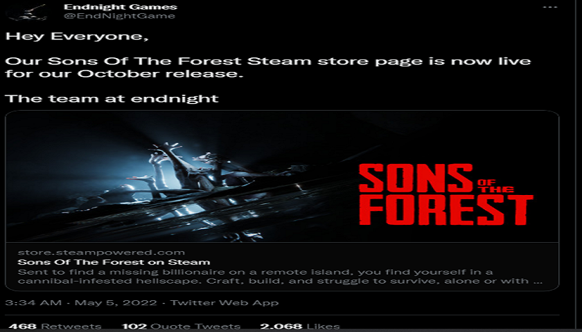 沙盒游戏《森林之子》新发售日定于10月登陆Steam