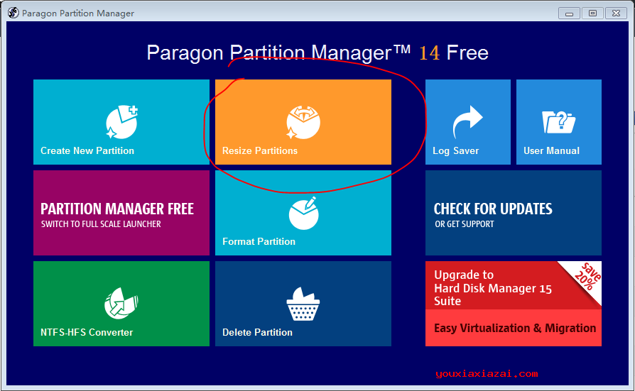 运行ParagonPartitionManagerPortable.exe后点击Resize Partitions按钮