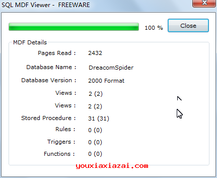 选择mdf文件后，SQL MDF Viewer软件会对mdf文件进行分析