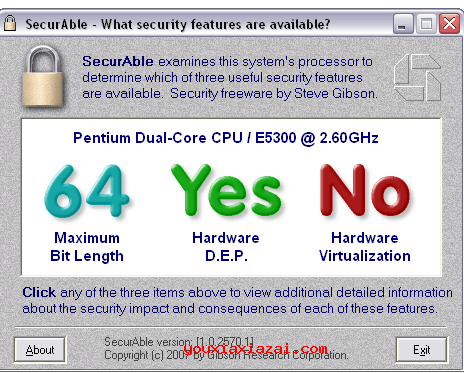 SecurAble 测试CPU是否支持虚拟化、D.E.P.技术及32/64位